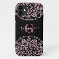 Monogrammed Dusky Rose Floral Fronds Dot Mandala
