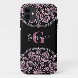 Monogrammed Dusky Rose Floral Fronds Dot Mandala Case-Mate iPhone Case