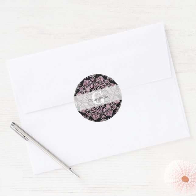 Monogrammed Dusky Rose Floral Fronds Dot Mandala Classic Round Sticker (Envelope)