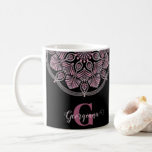 Monogrammed Dusky Rose Floral Fronds Dot Mandala Coffee Mug