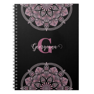 Monogrammed Dusky Rose Floral Fronds Dot Mandala Notebook