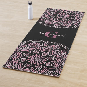 Monogrammed Dusky Rose Floral Fronds Dot Mandala Yoga Mat