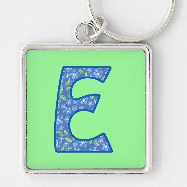 Monogrammed E Blue Floral Pattern Key Ring (Front)