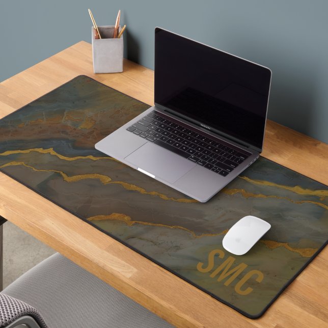 Monogrammed Earth Tone Geode Marble Desk Mat (Monogrammed marble desk mat on a wood desk, a sleek holiday gift for a tech-loving grandfather.)