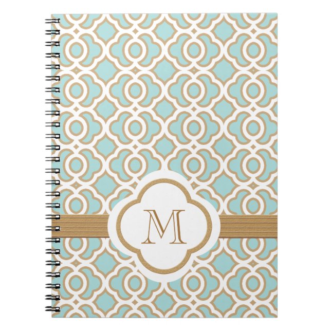 Monogrammed Eggshell Blue and Gold Moroccan Spiral Notebook (Front)