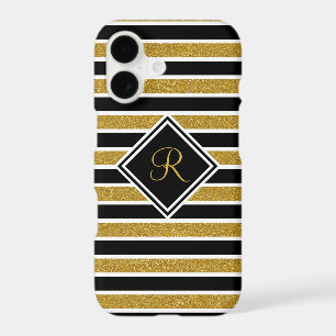 Monogrammed Elegant Black Gold Glitter Stripes