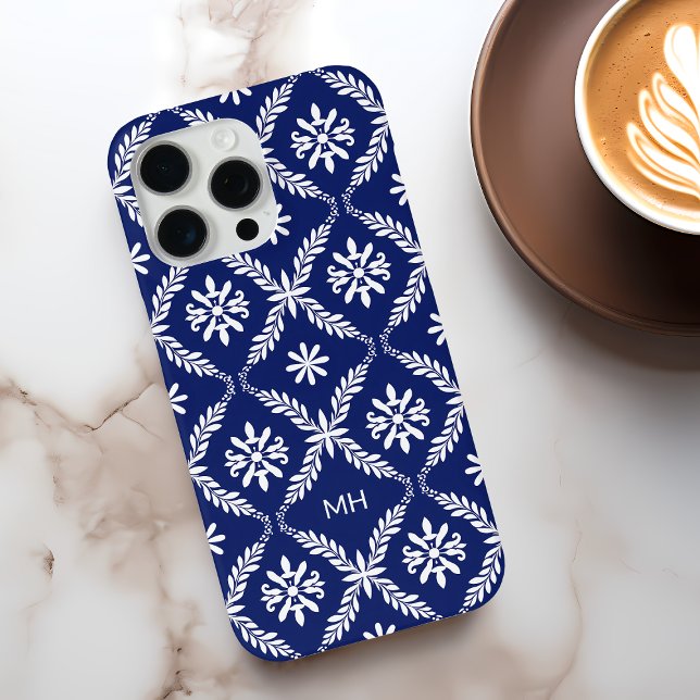 Monogrammed Elegant Blue and White Floral Pattern Case-Mate iPhone Case (Monogrammed Elegant Blue and White Floral Pattern Case-Mate iPhone Case)