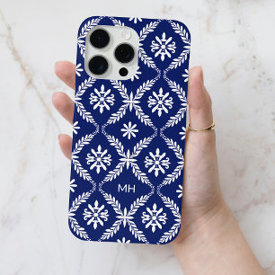 Monogrammed Elegant Blue and White Floral Pattern iPhone 15 Pro Max Case