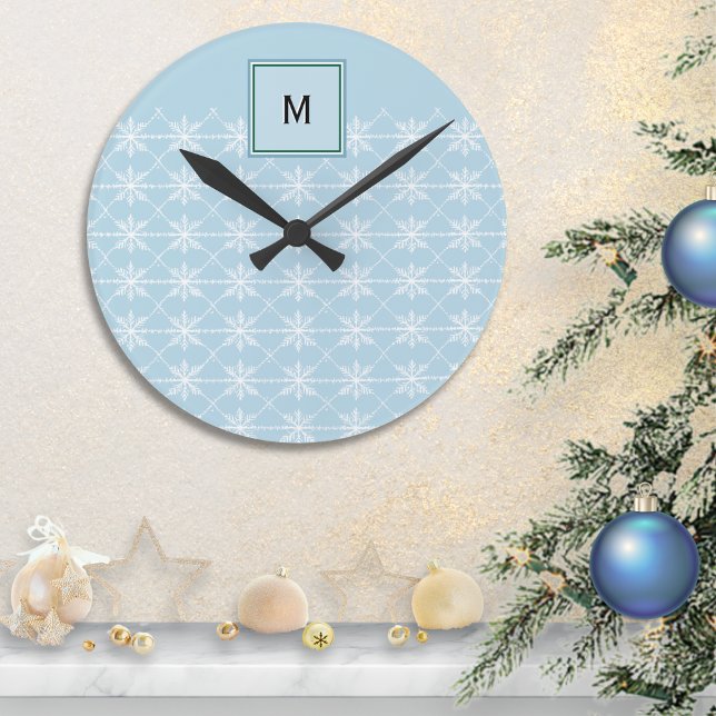 Monogrammed Elegant Blue Stylish Winter Snowflakes Round Clock (A festive wall clock in light blue, with winter snowflakes pattern and monogram initial)