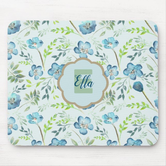 Monogrammed Elegant Boho Blue Watercolor Flowers Mouse Pad (Front)