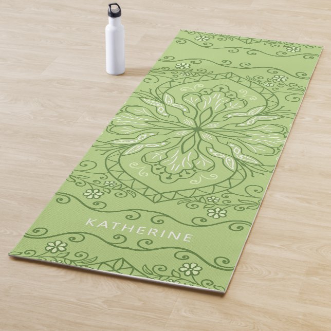 Monogrammed Elegant Boho Lime Green Mandala Yoga Mat (In Situ)