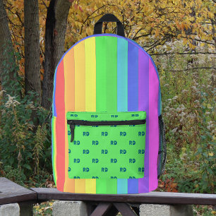 Monogrammed Elegant Bright Rainbow Coloured Stripe Printed Backpack