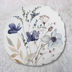 Monogrammed Elegant Chic Watercolor Blue Flower Round Cushion