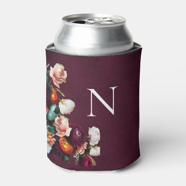 Monogrammed Elegant Floral Botanical Modern Can Cooler (Can Front)