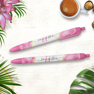 Monogrammed Elegant Girly Glam Pink White Marble Blue Ink Pen
