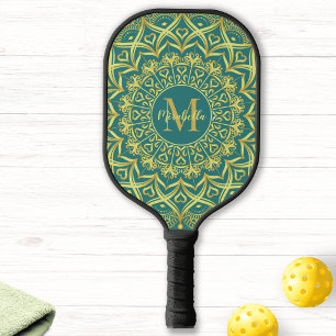 Monogrammed Elegant Girly Mandala Teal Green Pickleball Paddle