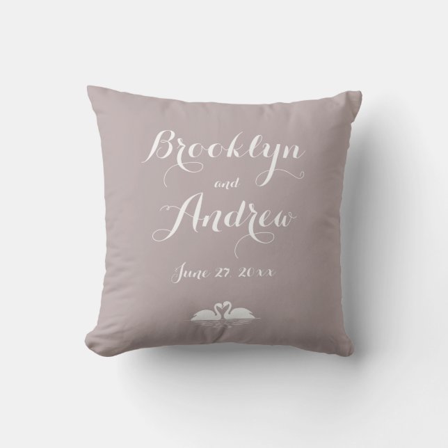 Monogrammed Elegant Grey Wedding Pillows Swans (Front)