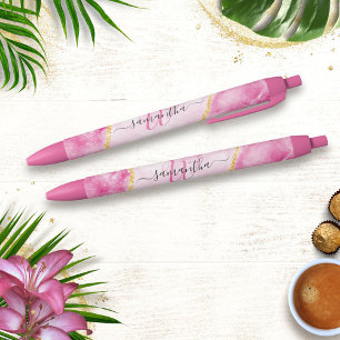 Monogrammed Elegant Modern Girly Glam Pink Marble Blue Ink Pen