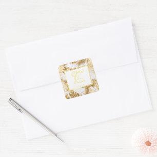 Monogrammed Elegant Monstera Gilded Gold Wedding Square Sticker