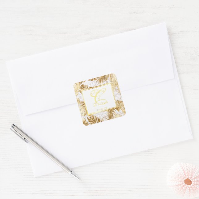 Monogrammed Elegant Monstera Gilded Gold Wedding Square Sticker (Envelope)