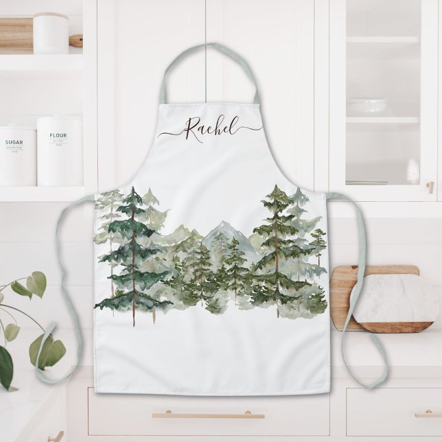 Monogrammed Elegant Pine Forest and mountain  Apron (In situ)