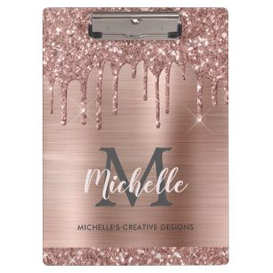 Monogrammed Elegant Pink Rose Gold Glitter Drips Clipboard