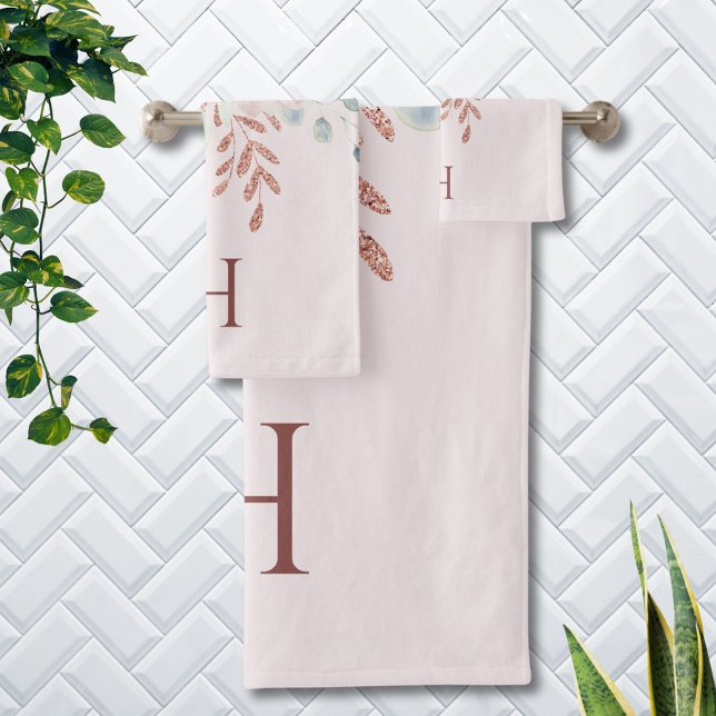 Monogrammed Elegant Pink Rose Peony Floral Bath Towel Set (In situ)