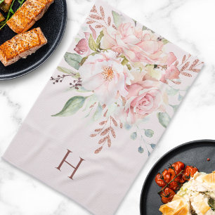 Monogrammed Elegant Pink Rose Peony Floral Tea Towel