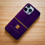 Monogrammed elegant purple gold luxury iPhone 15 pro max case<br><div class="desc">Classy exclusive looking office or personal monogrammed phone case featuring a faux gold copper metallic square with your monogram name initials and a sparkling stripe over a stylish purple indigo faux leather background. Suitable for small business, corporate or independent business professionals, personal branding or stylists specialists, makeup artists or beauty...</div>