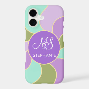 Monogrammed Elegant Purple Green Retro Sun Waves