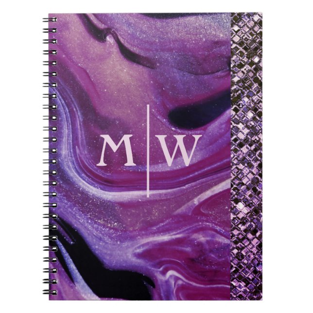 Monogrammed Elegant Purple Marble Glitter Luxury Notebook (Front)