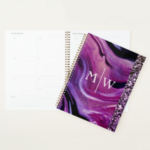Monogrammed Elegant Purple Marble Glitter Luxury Planner