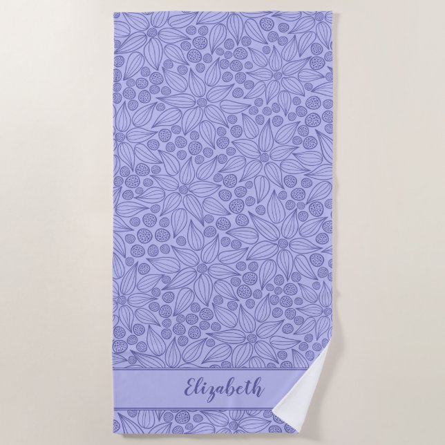 Monogrammed Elegant Purple Very Peri Floral Beach Towel (Front)