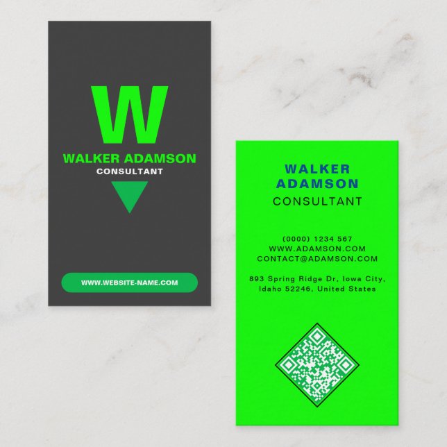 Monogrammed Elegant (QR Code) Green & Matte Black Business Card (Front/Back)