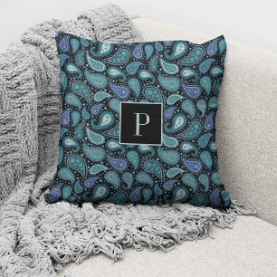 Monogrammed Elegant Retro Blue Paisley Pattern Cushion