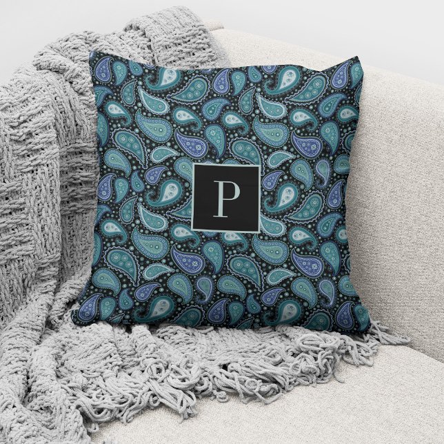 Monogrammed Elegant Retro Blue Paisley Pattern Cushion (Creator Uploaded)
