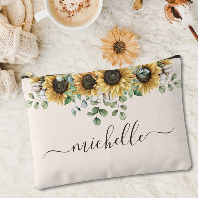 Monogrammed Elegant Rustic Sunflower Eucalyptus Accessory Pouch (In situ)