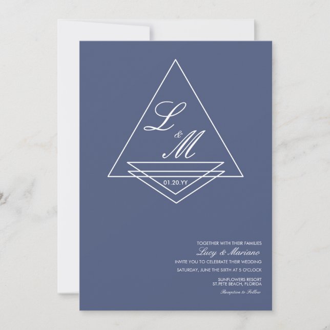 Monogrammed Elegant Script Blue Wedding  Invitation (Front)