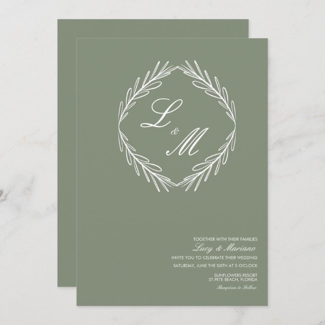 Monogrammed Elegant Script Branch Wedding Logo Invitation (Front/Back)
