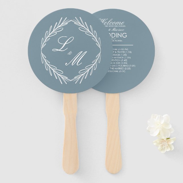 Monogrammed Elegant Script Branch Wedding Program Hand Fan (Front and Back)
