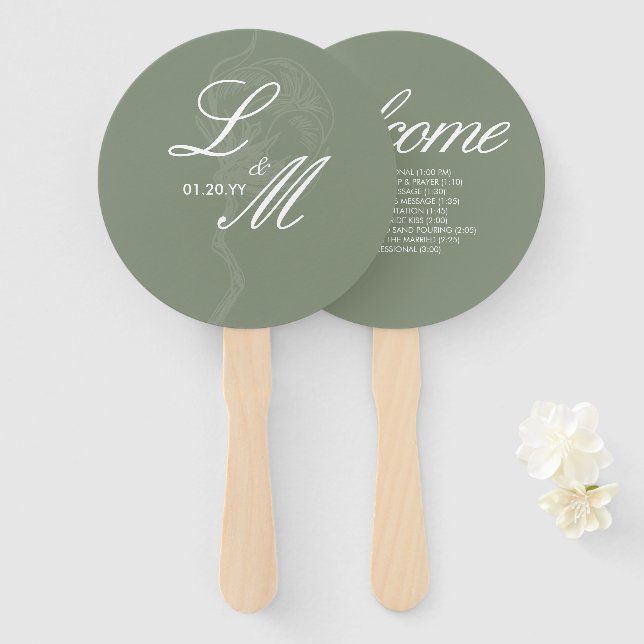 Monogrammed Elegant Script Cotton Flower Wedding Hand Fan (Front and Back)
