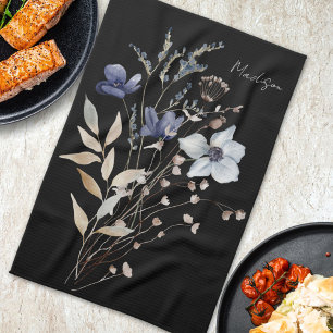 Monogrammed Elegant Watercolor Blue Wildflower Tea Towel