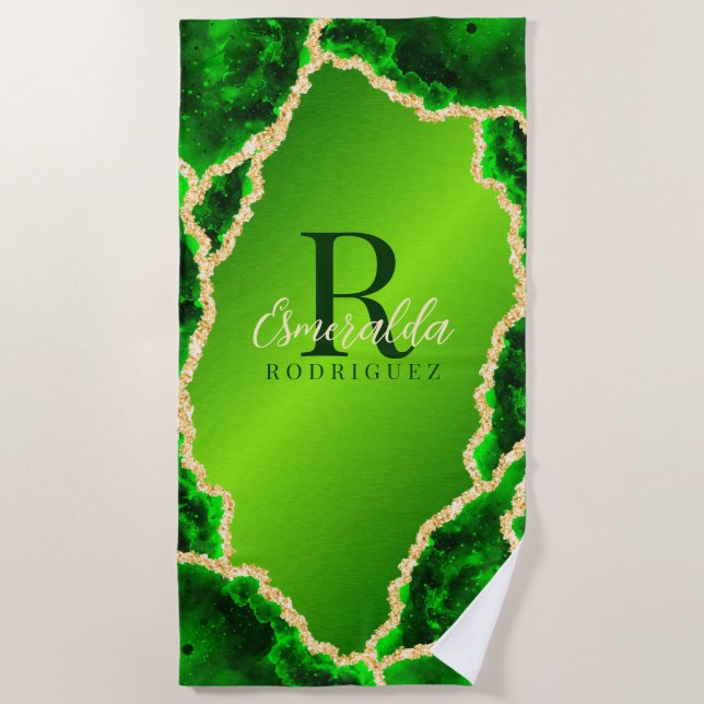 Monogrammed Emerald Green and Gold Agate Marble Beach Towel (Front)