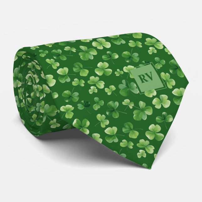 Monogrammed Emerald Green Shamrock Pattern Tie (Rolled)