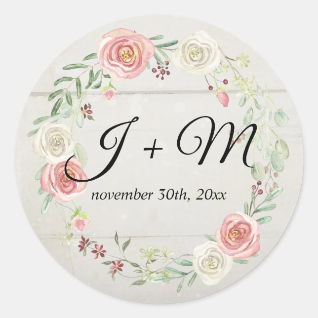 Monogrammed Envelope Rustic Wood Blush Rose Floral Classic Round Sticker (Front)