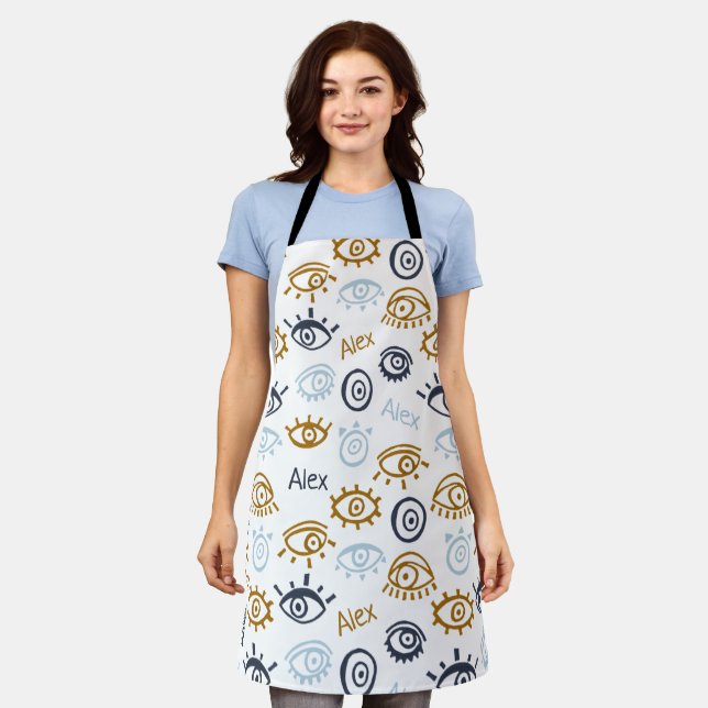 Monogrammed Evil Eye Pattern | Add Name Apron (Worn)