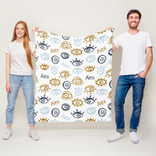 Monogrammed Evil Eye Pattern   Add Name Fleece Bla Blanket