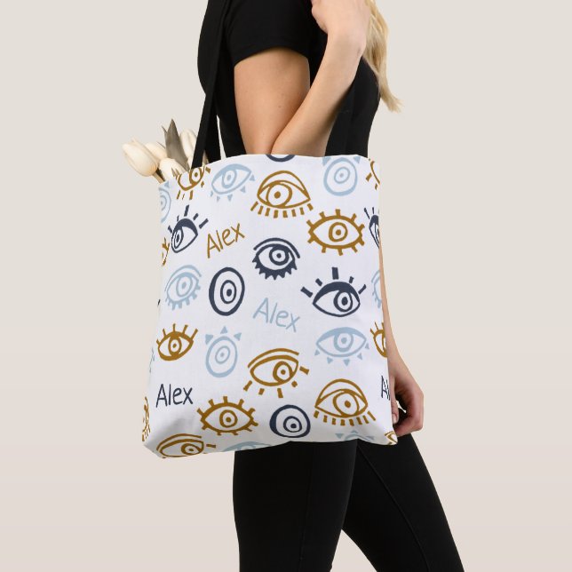 Monogrammed Evil Eye Pattern | Add Name Tote Bag (Close Up)