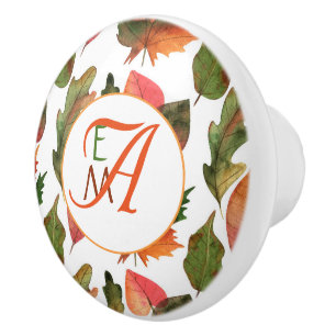 Monogrammed Fall Leaves Autumn Decor Orange Green Ceramic Knob