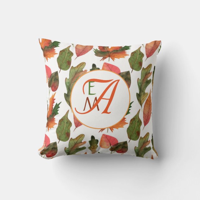 Monogrammed Fall Leaves Autumn Decor Orange Green Cushion (Front)